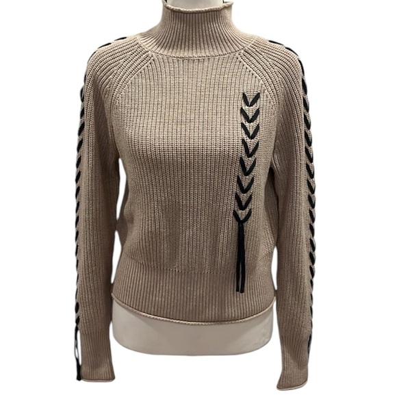 WISPR Ribbed Turtleneck Sweater Tan Beige with Brown Lace Up Stitching XS - Picture 1 of 7
